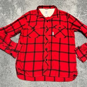 Topo Designs Mountain Flannel Shirt Mens Large Red Plaid Loop Collar Organic